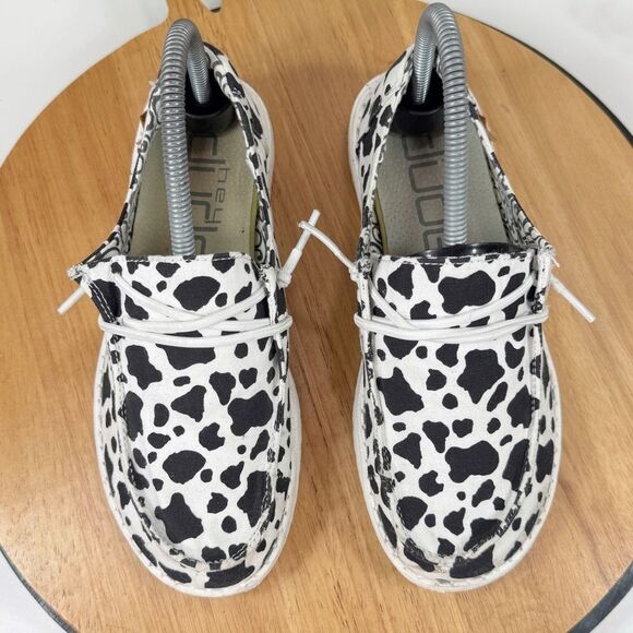 Hey Dude Wendy Milky Way Cow Print Canvas Slip On Shoes White Black Womens 6 - Picture 4 of 12